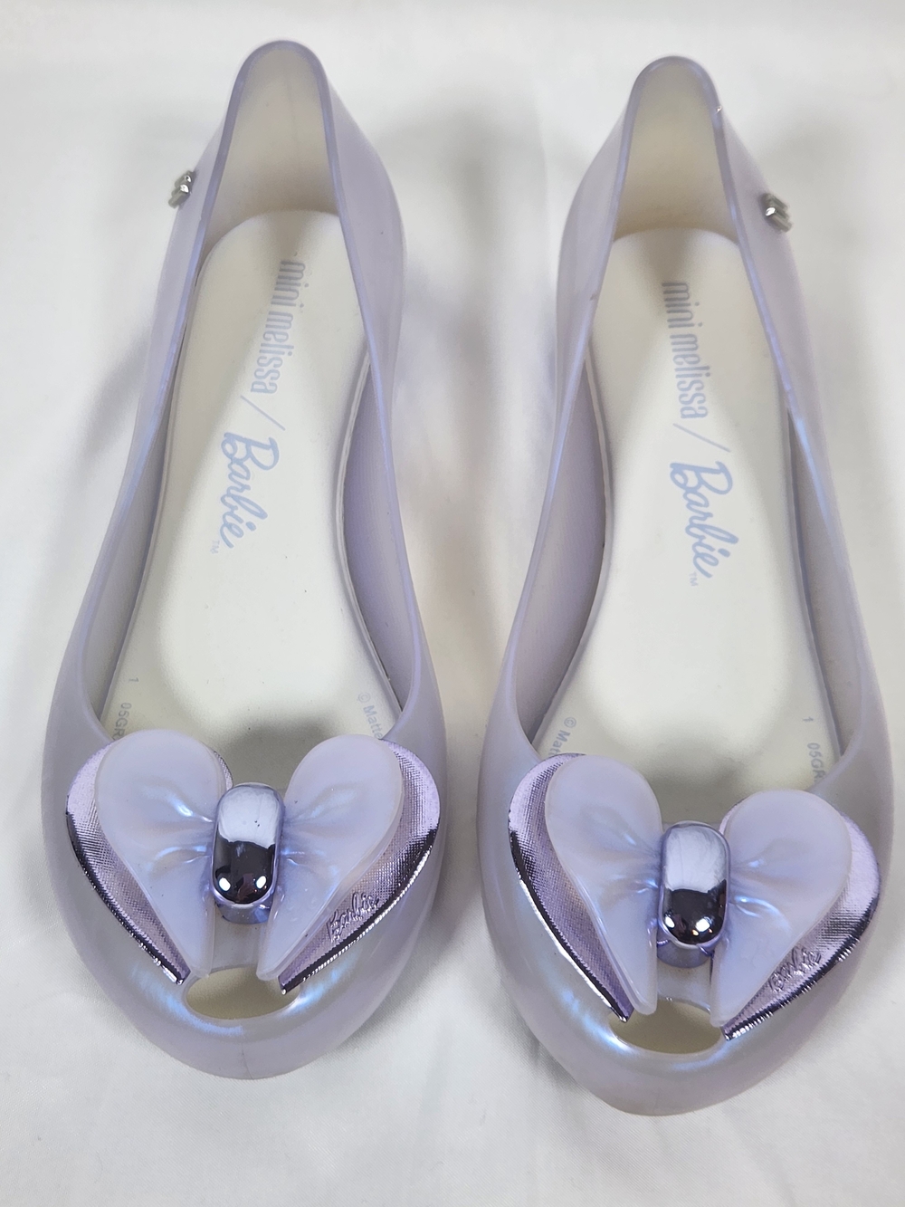 Mini Melissa Barbie Iridescent Lilac Jelly Flats with  heart Bow Accent